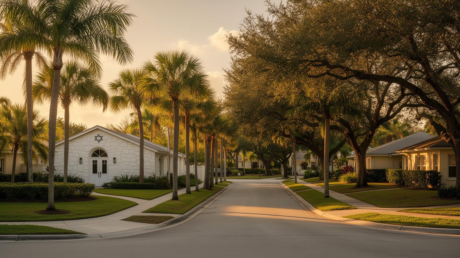 Quiet tree-lined South Florida neighborhood with a small white synagogue at golden hour