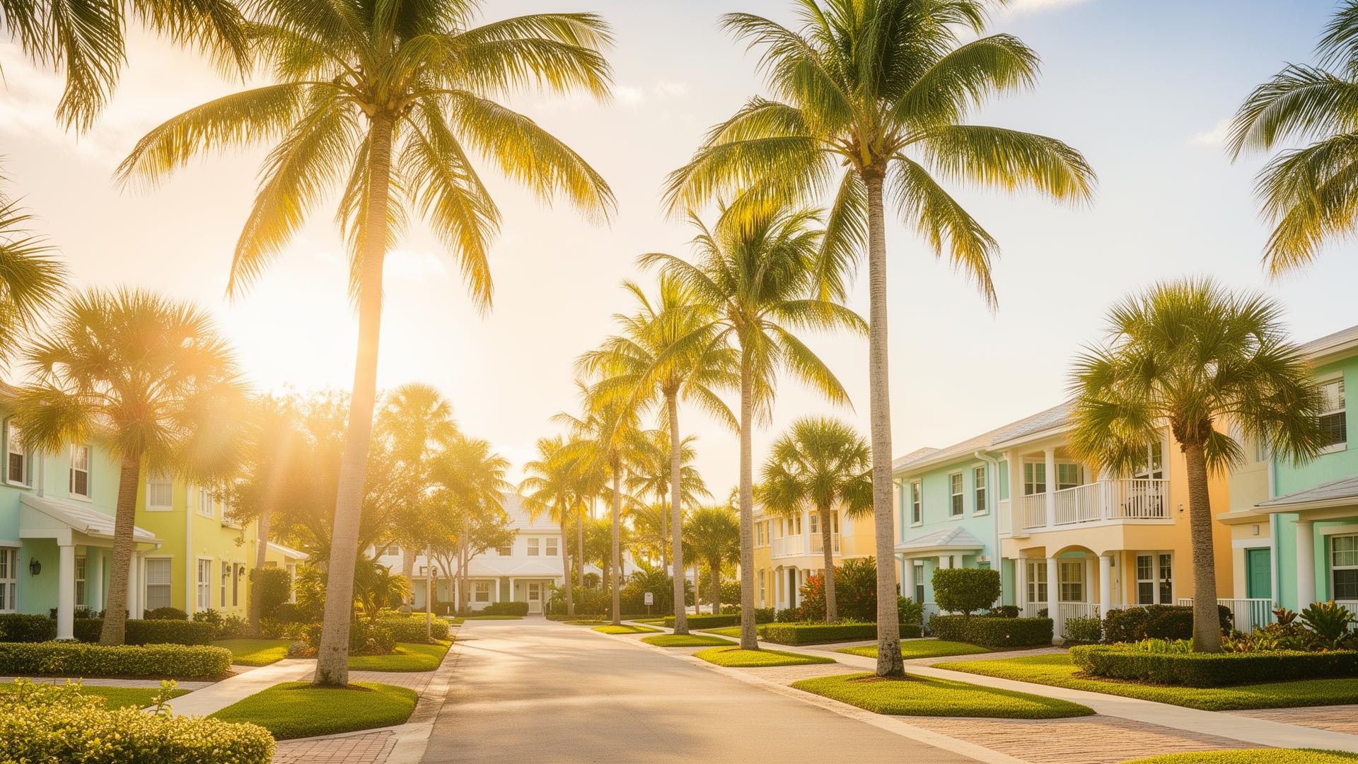 Sunlit South Florida neighborhood street lined with tall palm trees at golden hour